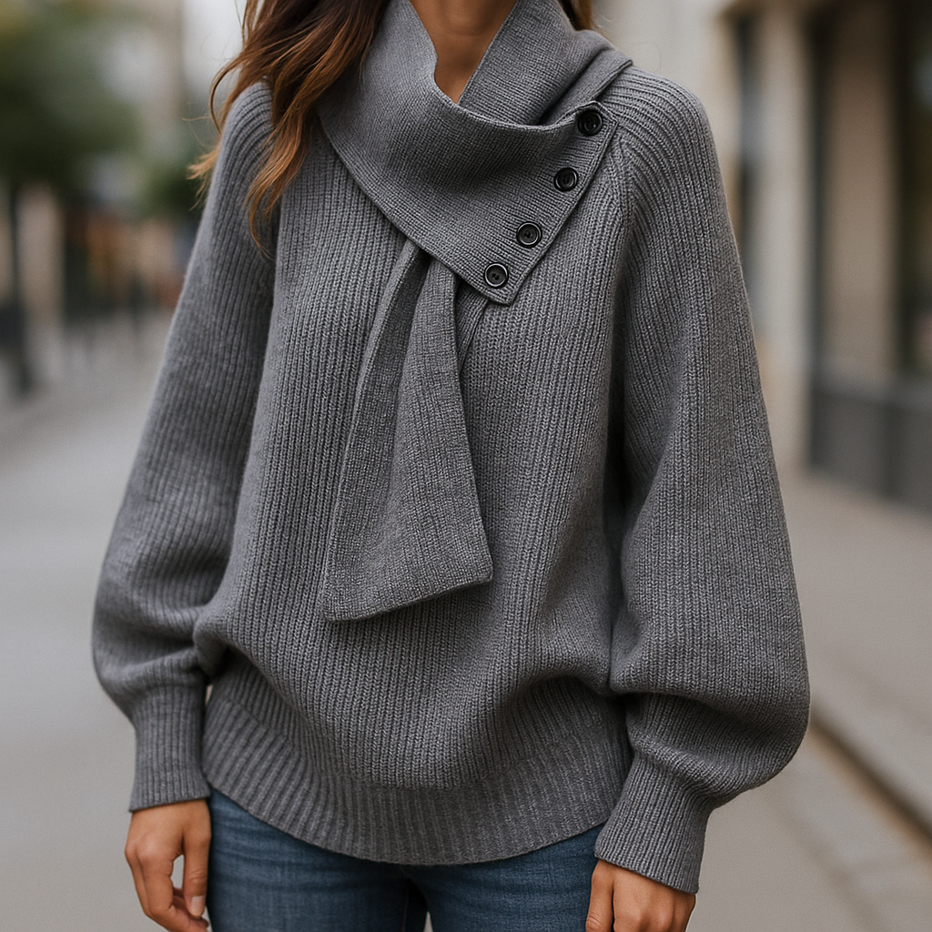 Ariane – Elegant striksweater med halstørklædekrave